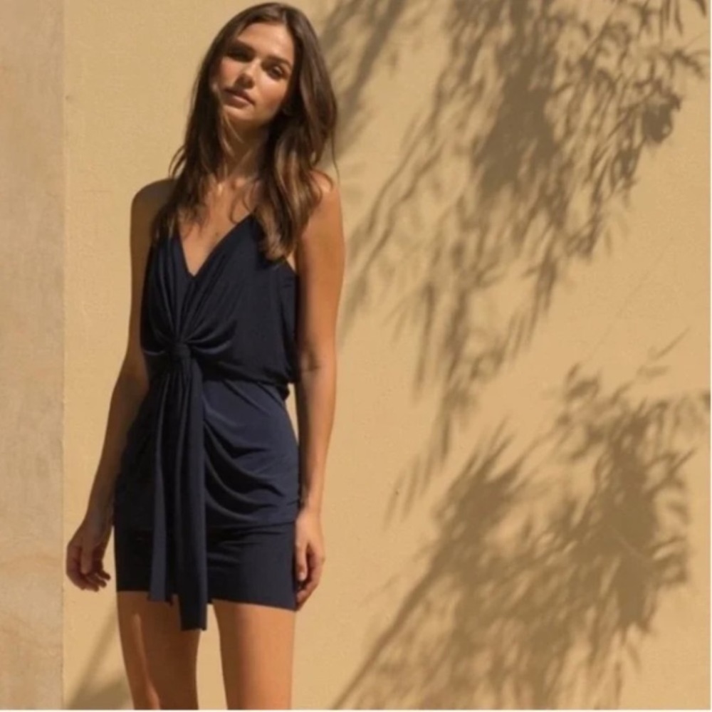 MISA Los Angeles Domino Tie Front Mini Dress XS Navy Jersey Stretch Knot Draped‎